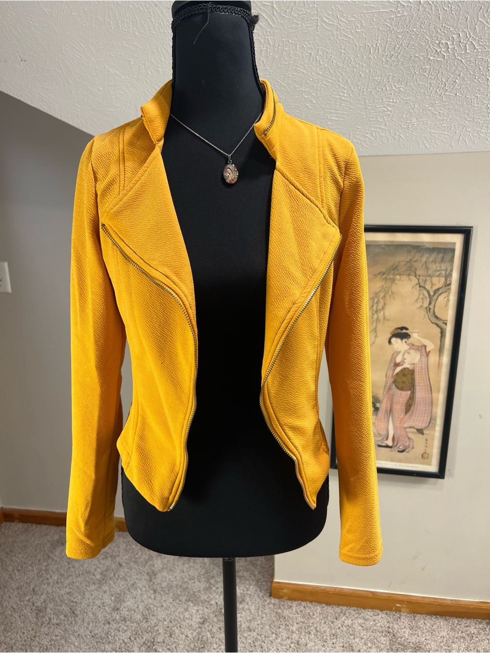 Open Front Moto Jacket Mock Collar Mustard Caged Back Women's Small Asymmetric - Picture 1 of 7